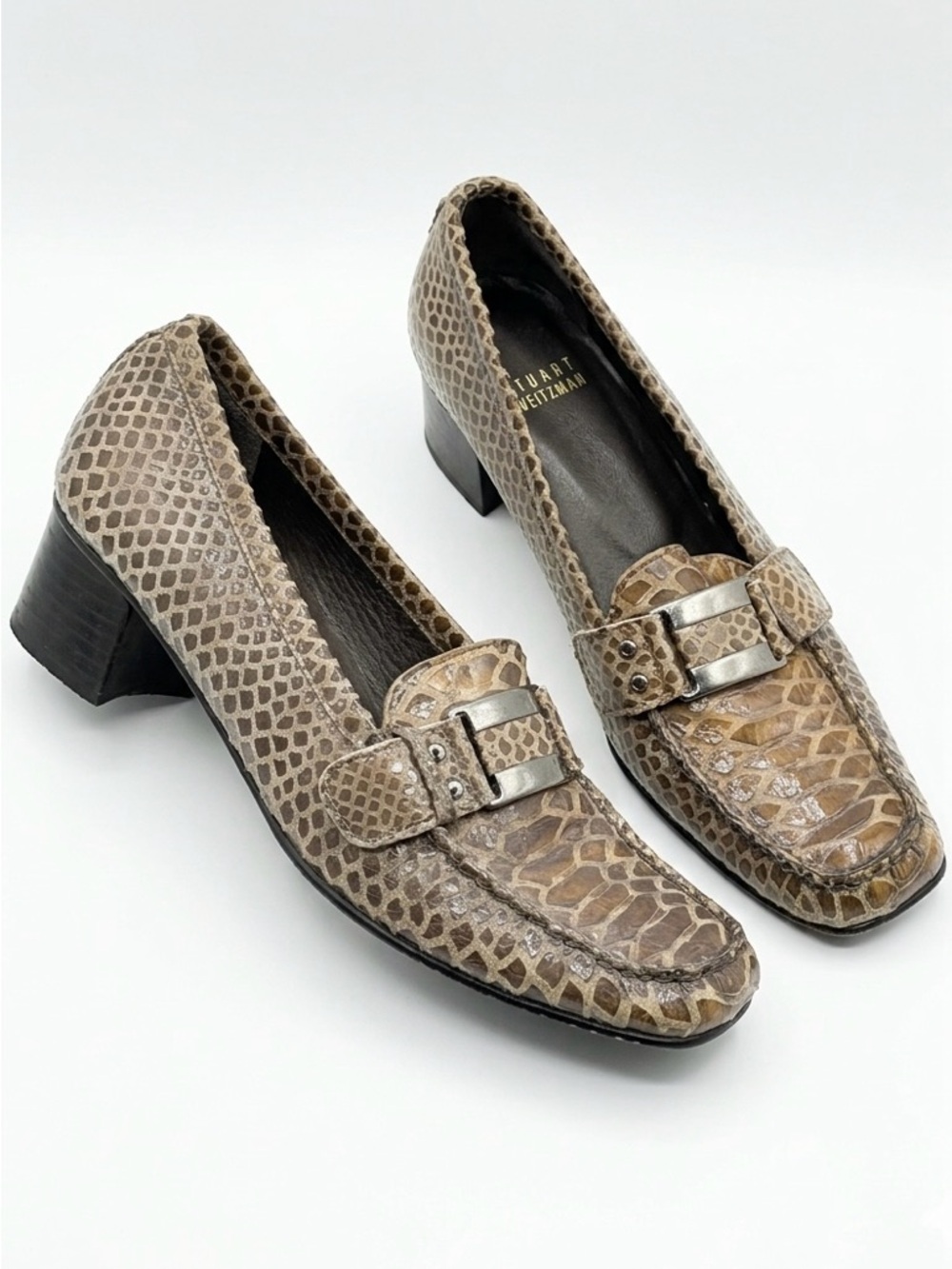 STUART WEITZMAN Snakeskin Embossed Leather Loafers Block Heel Buckle 7.5 - Picture 2 of 8